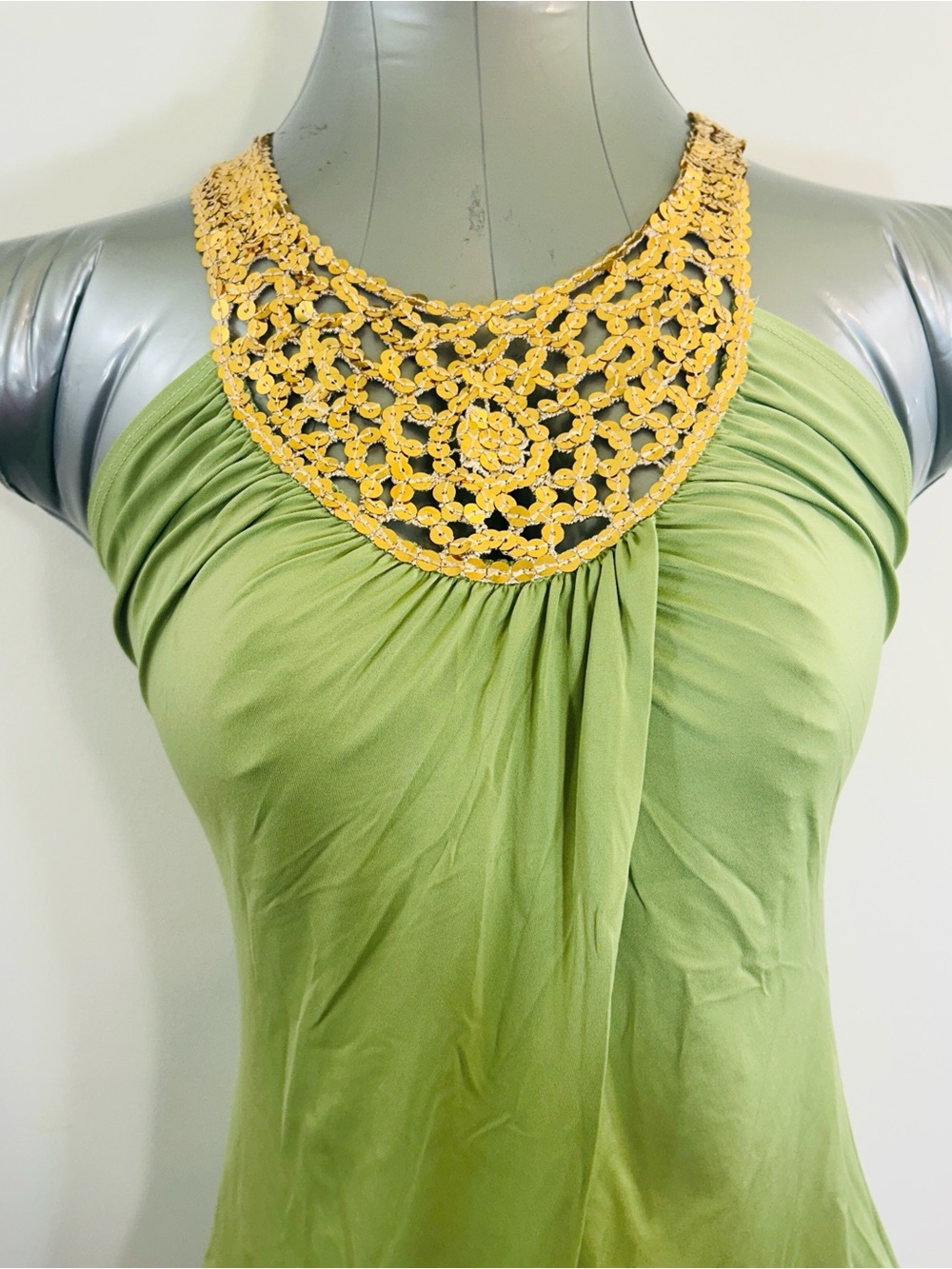 Frederick's of Hollywood Lime Green Halter Top with Gold Sequin Neckline